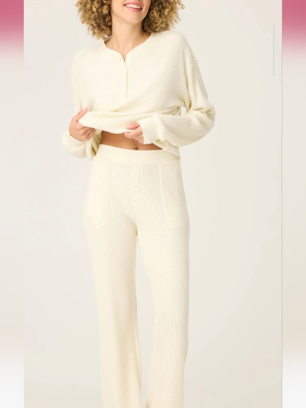 PJ Salvage XS Waffle Knit Long Sleeve/Wide Leg Pajama Set - Cream